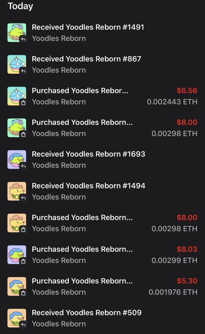 A mobile app transaction history showing multiple purchases and receipts of 'Yoodles Reborn' NFTs, with prices in USD and ETH ranging from $5.30 to $8.03.