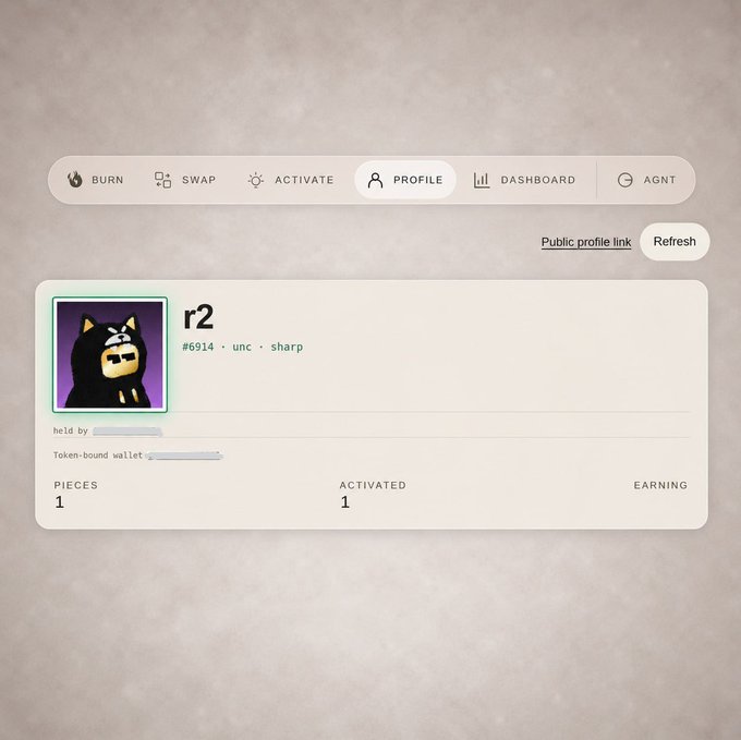 A profile dashboard for 'r2' (#6914 - unc - sharp) displays navigation tabs for BURN, SWAP, ACTIVATE, PROFILE, DASHBOARD, and AGNT, showing 1 PIECE and 1 ACTIVATED.