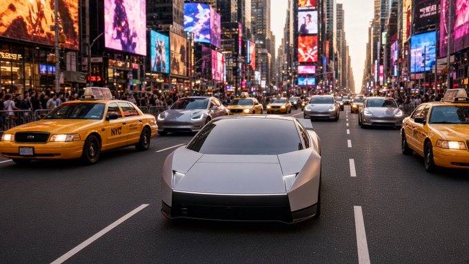 A nighttime city street scene showing a futuristic silver sports car driving down a road lined with yellow NYC taxis, surrounded by bright billboards and crowds of people.
