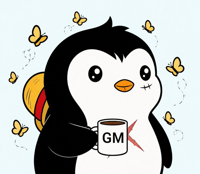 A cartoon penguin holding a white mug labeled 'GM' (Good Morning), surrounded by yellow butterflies on a light blue background.