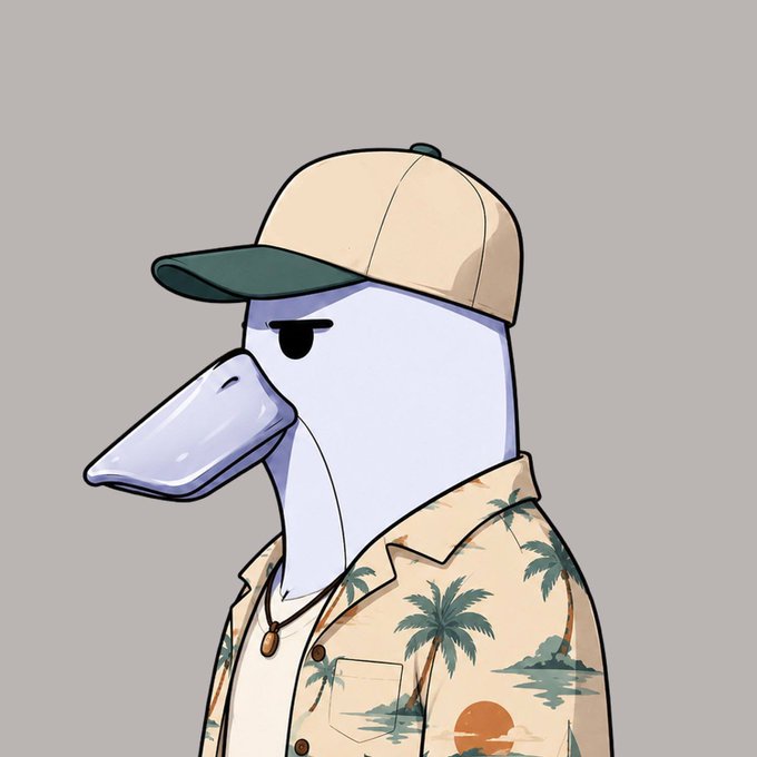 A cartoon illustration of a white duck-like character wearing a beige cap with a green brim and a Hawaiian shirt with palm tree patterns, standing against a gray background.