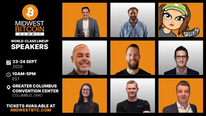 Promotional graphic for the Midwest Bitcoin Summit, featuring a 3x3 grid of headshots (including a cartoon avatar labeled "SRSLY?!") of the speaker lineup, with event details: 23-24 September 2026, 10AM-5PM EST, at the Greater Columbus Convention Center in Columbus, Ohio, with tickets at midwestbtc.com.