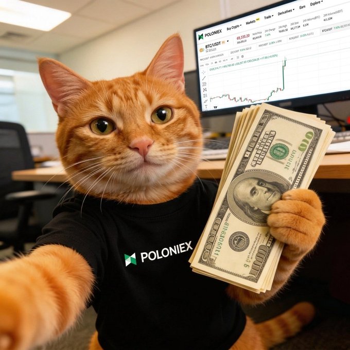An AI-generated image shows an orange tabby cat wearing a "POLONIEX" t-shirt, holding a stack of cash, with a BTC/USDT trading chart on a screen in the background.