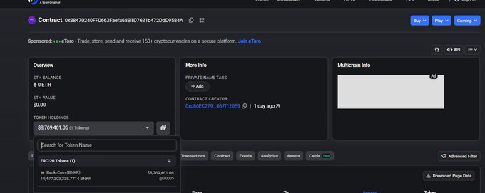 An Etherscan page displays a token contract with 0 ETH balance and token holdings of 58,769,461.06 (1 token), marked as 'Honeypot' with a scam warning.