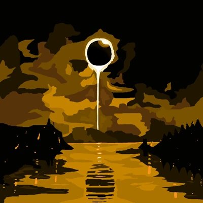 A stylized digital painting in sepia and black tones depicting a celestial eclipse scene, where a glowing ring with a dripping liquid effect hovers above a reflective body of water, framed by dark silhouetted mountains and dramatic clouds.