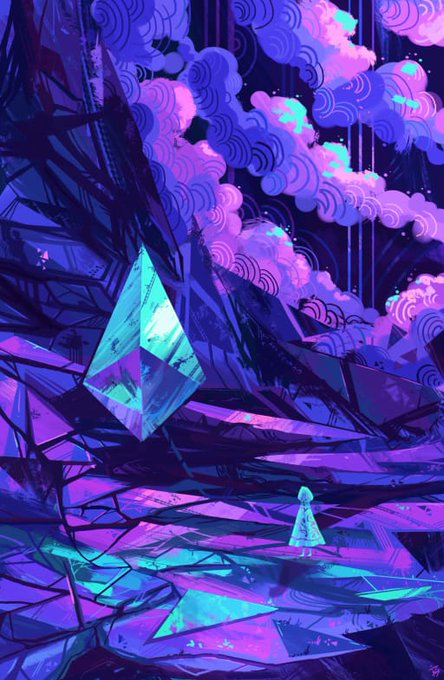 A digital illustration of a small figure standing before massive, jagged purple and teal crystal formations under swirling, stylized clouds.