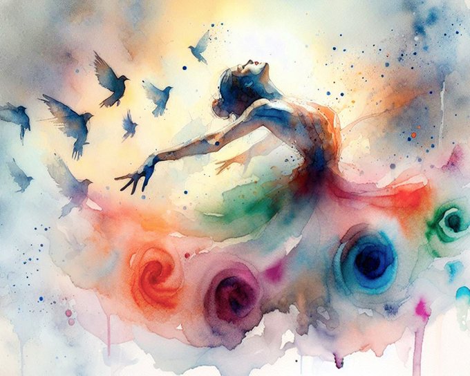 A watercolor painting depicting a graceful female dancer surrounded by flying birds, rendered in flowing blue, orange, pink, and purple hues.