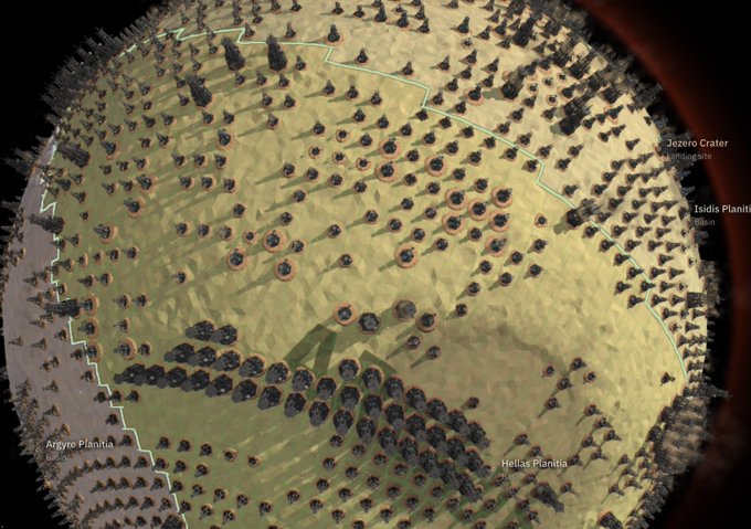 A Mars map is densely covered with many small towers, with labels including “Jezero Crater,” “Isidis Planitia,” “Hellas Planitia,” and “Argyre Planitia.” The post explains the visualization as showing how repeated large-tower burns of 2,500 tokens could eventually cover the entire map.