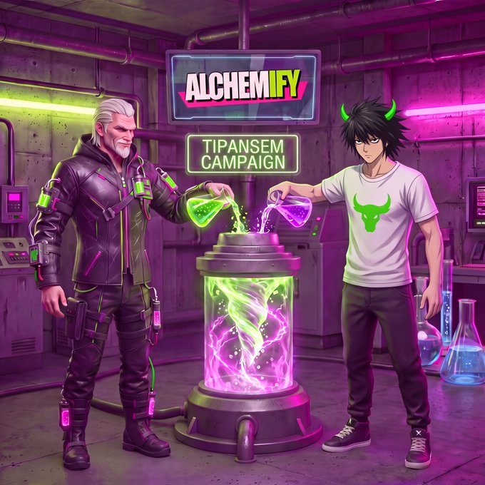 A neon-lit digital artwork features two anime-style characters—one resembling Geralt of Rivia and another with green demon horns—pouring glowing green and purple liquids into a futuristic container beneath 'ALCHEMIFY' and 'TIPANSEM CAMPAIGN' signs.