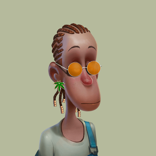 A 3D-rendered character with braided hair, orange-tinted round sunglasses, and a palm tree earring against a light green background.