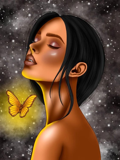 A digital illustration depicts a serene woman with dark hair, closed eyes, and an elegant neck profile, with a glowing orange butterfly hovering near her face against a starry, cosmic background.