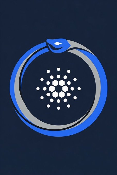 The Cardano (ADA) logo, a blue and silver snake forming a circle around a hexagonal pattern on a dark navy background.