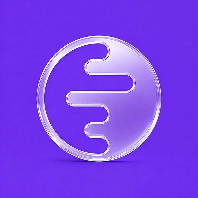 A 3D rendered transparent glass-like circular logo with a wavy "S" or lightning design inside, set against a solid purple background (Mantle token style).