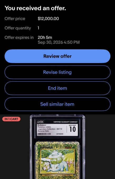 An eBay offer notification showing a $12,000.00 offer for 1 quantity of a CGC graded 10 'Bulbasaur - Pokemon (2002) Legendary Collection' reverse holo card, with options to Review offer, Revise listing, End item, or Sell similar item.