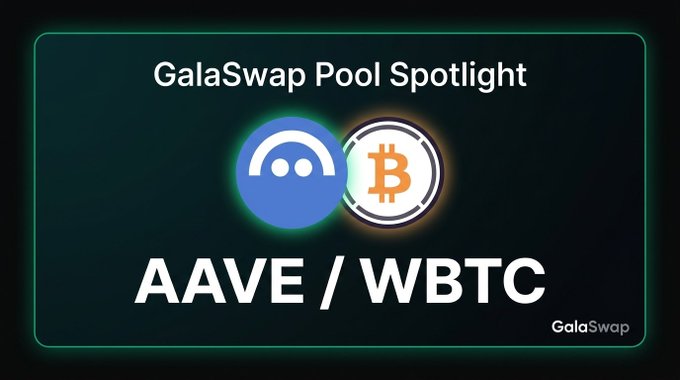 A promotional graphic for GalaSwap's Pool Spotlight featuring the AAVE/WBTC trading pair, displaying the AAVE and Bitcoin (WBTC) logos on a dark background. The image visually highlights the featured liquidity pool mentioned in the accompanying post, which notes a $59K TVL, 99.8% APR, and $53K in 24-hour volume for this AAVE/WBTC pool on GalaSwap.