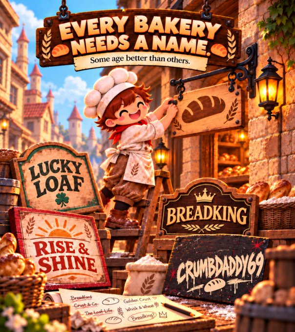 A stylized illustration of a young baker character hanging a sign, surrounded by various bakery name signs including "LUCKY LOAF", "BREADKING", "RISE & SHINE", and "CRUMBDADDY69", with the title text "EVERY BAKERY NEEDS A NAME. Some age better than others."