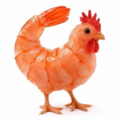 A figurine of an orange hen designed to resemble a cooked shrimp. The post uses this surreal chicken-shrimp hybrid image as a meme to encourage users to raid a specific person's post with the photo in hopes of winning a 0.5 SOL giveaway.