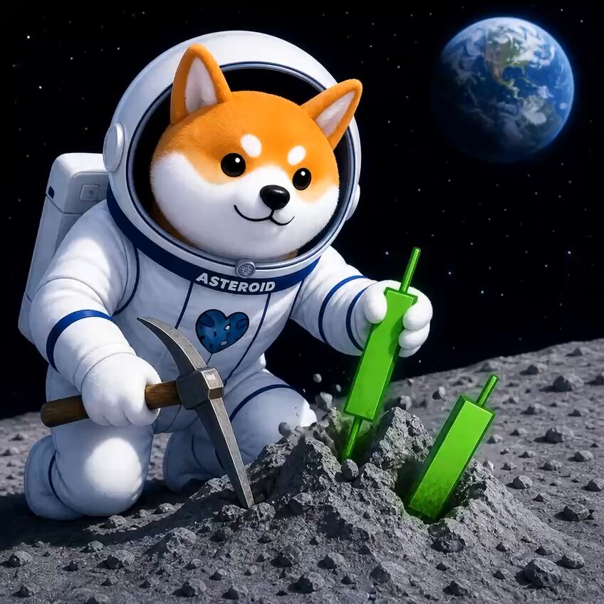 The image features a Shiba Inu dog dressed as an astronaut, holding a shovel and digging into the ground with enthusiasm. There are two green objects nearby that appear to be alien plants or something similar. The background of the image shows a depiction of Earth, indicating that this scene takes place on the moon. The post caption reads "Preparing for launch and planting the seeds", suggesting that the dog is part of an effort to plant new life forms on the moon.