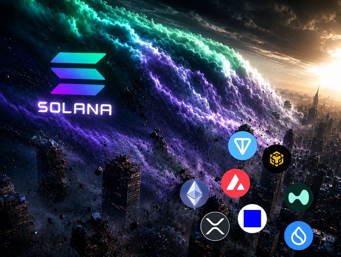 The image features a large, colorful graphic of a city skyline with a stormy sky above it. In the center of this scene, there's a logo for Solana cryptocurrency written in purple and blue colors. Surrounding the cityscape are various logos representing different cryptocurrencies such as Bitcoin, Ripple, Etherium, Litecoin, and others. The image also includes text that reads "Something big is loading on @Solana You can feel it".