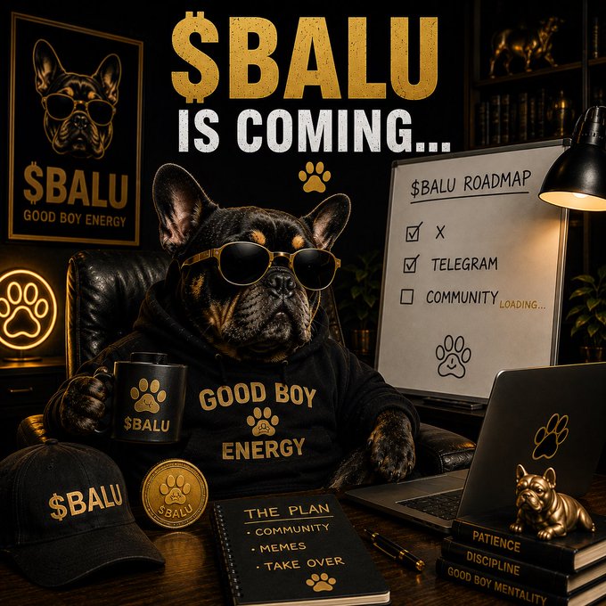 A promotional image for '$BALU IS COMING...' featuring a French Bulldog wearing sunglasses and a 'GOOD BOY ENERGY' hoodie, surrounded by branded merchandise and a roadmap checklist.