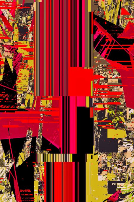 An abstract glitch-art composition with chaotic red, yellow, black, and pink colors arranged in vertical stripes and fragmented geometric patterns.