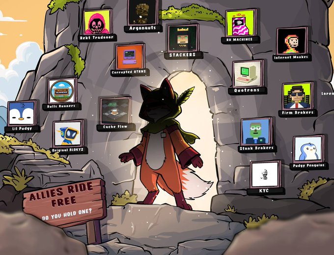 An illustration showing a fox-like character standing in a cave entrance surrounded by framed NFT-style artwork with labels like "Lil Pudgy," "STACKERS," "Arganauts," "RB MACHINES," "Internet Meme," and others. A sign reads "ALLIES RIDE FREE DO YOU HOLD ONE?"