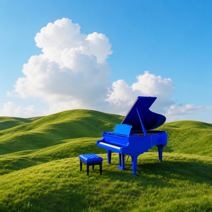 A bright blue grand piano with its lid open sits on a lush green grassy hill under a blue sky with large white cumulus clouds.