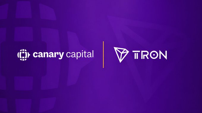 The image features the Canary Capital and TRON logos side by side on a purple gradient background, visually representing the launch of the Canary Staked TRX ETF (TRXS), which provides investors exposure to TRX, TRON's native utility token.