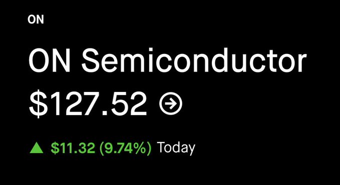 The image shows a black background with white text that reads "ON Semiconductor $127,52 today". This information suggests that there might be an ongoing sale or promotion related to semiconductors at this particular store. The focus of the image is on the price and the time it was posted, which indicates that the post is relevant to the current market conditions for semiconductor products.