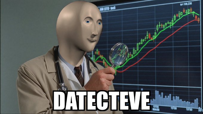 A meme featuring a figure wearing a smooth faceless mask and doctor's coat holding a magnifying glass, with stock charts in the background and the text 'DATECTEVE' overlaid.