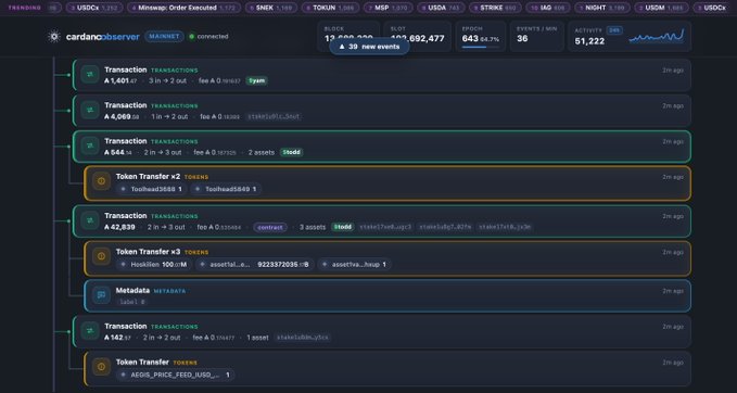A screenshot of the Cardano Observer market interface displaying transaction activity, token transfers, and metadata events across multiple Cardano tokens.