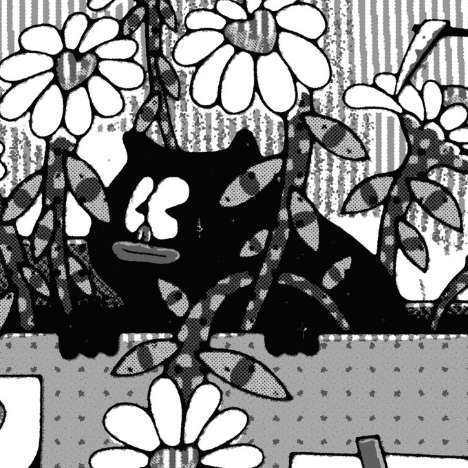 A stylized black-and-white illustration of a cat peering through leafy plants and large daisy-like flowers.