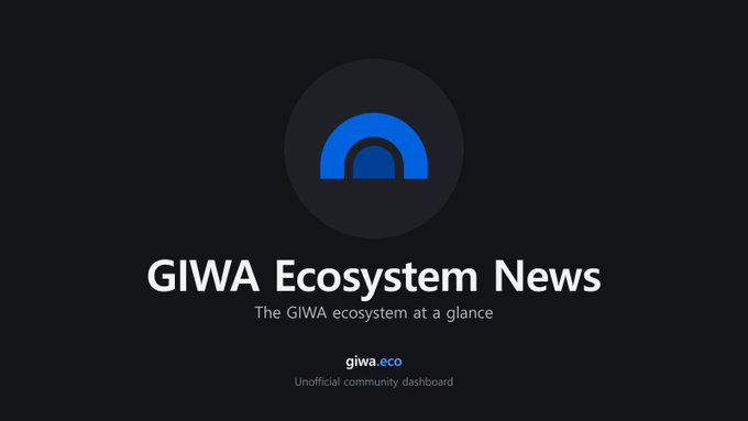 A dark presentation slide features a blue semicircle logo above white text reading "GIWA Ecosystem News," with subtitles "The GIWA ecosystem at a glance," "giwa.eco," and "Unofficial community dashboard."