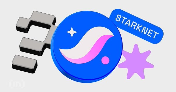 A 3D graphic shows a blue coin with a pink and white swoosh logo alongside a 'STARKNET' tag and decorative stars and cubes.