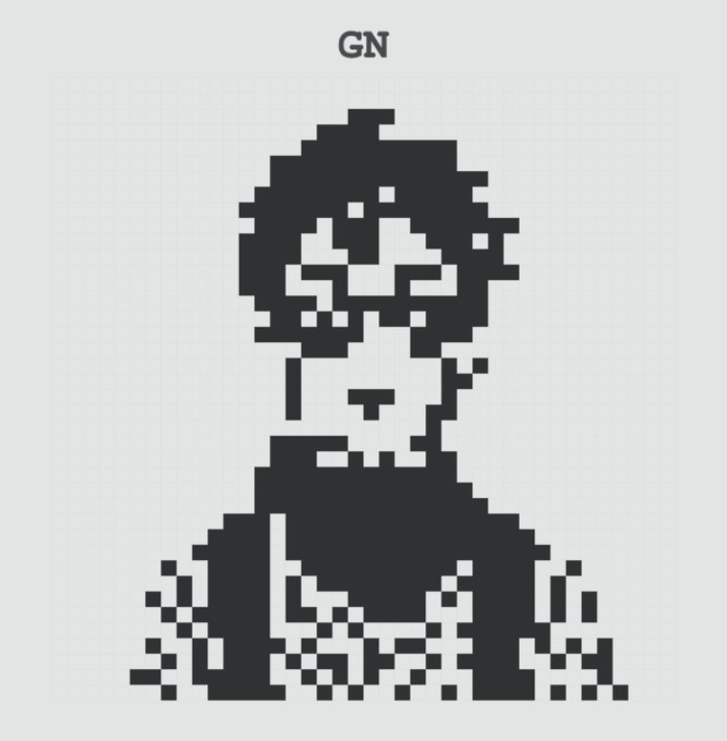 A pixel art portrait labeled "GN" depicting a person with curly hair, rendered in black and white blocks on a grid background.