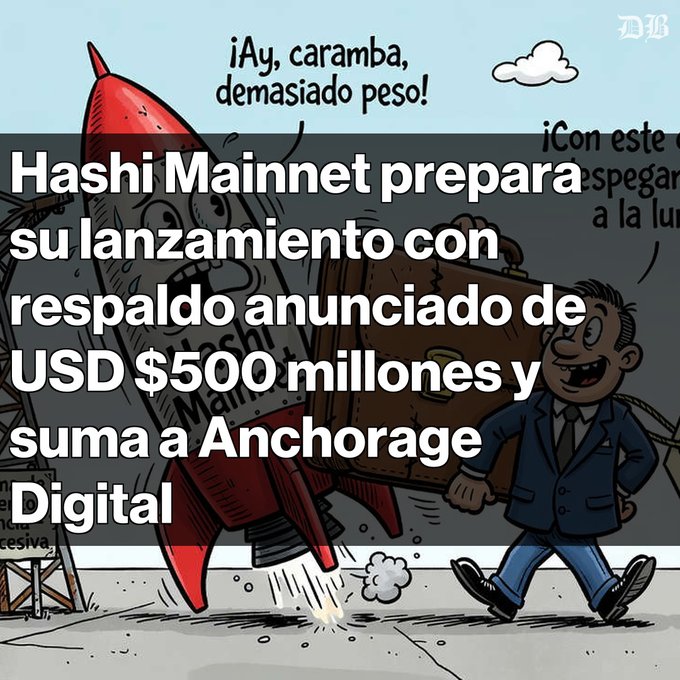A cartoon illustration of a red rocket labeled 'Hashi Mainnet' struggling to lift off due to a heavy briefcase, with Spanish text overlaid: 'Hashi Mainnet prepara su lanzamiento con respaldo anunciado de USD $500 millones y suma a Anchorage Digital'.