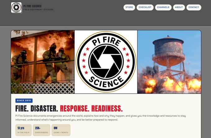 Screenshot of the PI FIRE SCIENCE website showing three images (firefighters, a logo, and an exploding water tower) with the tagline 'FIRE. DISASTER. RESPONSE. READINESS.'