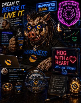 An AI-generated promotional graphic features a pig character with text including 'DREAM IT. BELIEVE IT. LIVE IT.', 'HAPPINESS SLUNG $XRP', 'LEGENDARY', 'HOG WITH A HEART', and 'LIVE LOVE PROTECT', along with a 'Richard H LONG' credit.