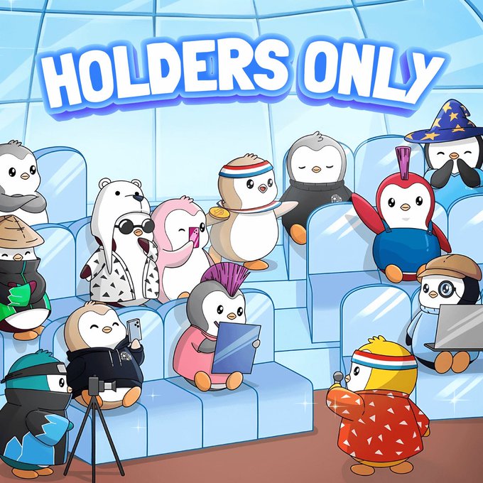 A cartoon-style illustration shows various penguin characters sitting in a theater audience under the banner text 'HOLDERS ONLY', with the penguins dressed in diverse outfits and using different accessories.