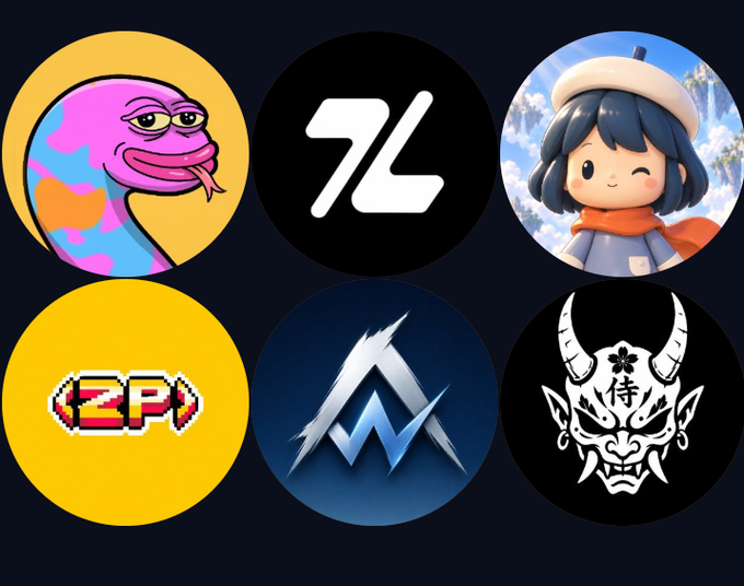 A grid of six circular logos, including a colorful snake-like figure, a stylized 'L' or 'Z', a cartoon girl with a beret, a pixelated 'ZPD', a blue and silver 'AW' or 'M' symbol, and a white oni mask on a black background.