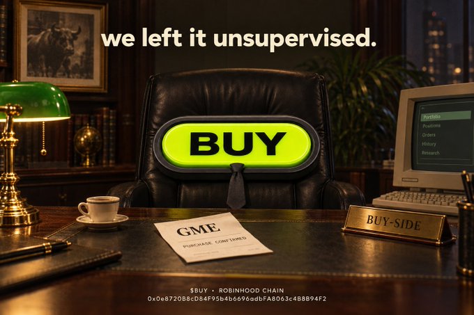 A stylized image shows an empty office chair with a large yellow 'BUY' button where the headrest would be, with text reading 'we left it unsupervised,' a document labeled 'GME PURCHASE CONFIRMED,' and a nameplate saying 'BUY-SIDE.'