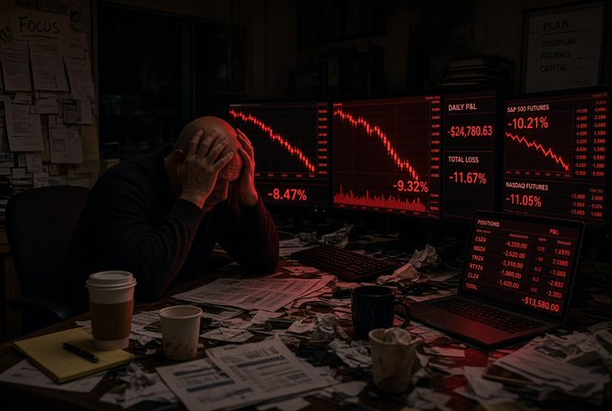 A bald man in a dark room clutches his head in distress at a desk covered in scattered papers, facing multiple monitors displaying red downward-trending stock charts and negative financial figures like '-8.47%', '-9.32%', 'TOTAL LOSS -11.67%', and 'S&P 500 FUTURES -10.21%'.