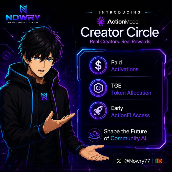 The image features a young man wearing a black hoodie, standing against a dark purple background with neon blue accents. The main focus of the image is the poster for the Action Model Creator Circle, which includes various icons related to the circle's benefits and rewards. These icons include a rocket icon, a money icon, and an early access button. The post also mentions that there are perks available for those who join the creator circle, such as paid activations, token allocation, and early access to ActionFi! Hyped to apply and help shape the future of community-owned AI.