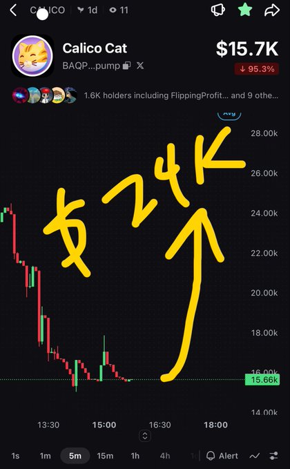 A mobile screenshot of a trading chart for the token 'Calico Cat' (BAQPump), showing a price of $15.7K with a -95.3% drop and a yellow handwritten arrow pointing to '$24K'.