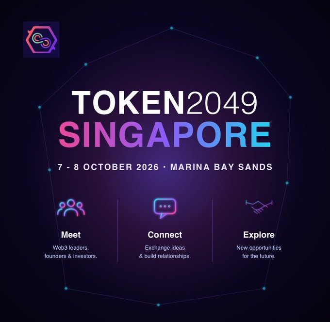 A promotional graphic for TOKEN2049 SINGAPORE, scheduled for 7-8 October 2026 at Marina Bay Sands, featuring sections for Meet, Connect, and Explore.