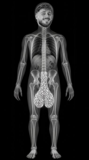 A humorous X-ray image of a smiling man with his body filled with what appears to be diamond-like crystalline formations in the pelvic region, representing the "diamonds hands" meme of holding onto Bitcoin despite market downturns—fittingly illustrating people who bought BTC at $58K and refuse to sell, even as their investments turn to "rocks."