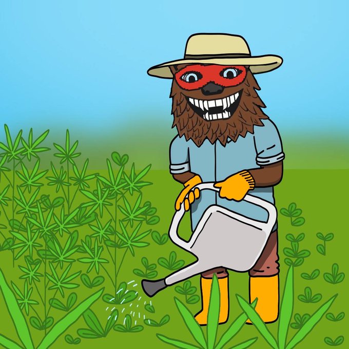 A cartoon illustration of a smiling furry brown creature wearing a straw hat, red mask, blue shirt, and yellow boots, using a watering can to water plants in a green field under a blue sky.