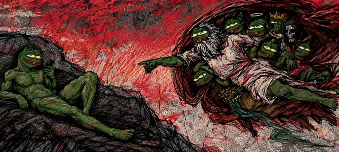A dramatic Renaissance-style parody shows a green frog-like figure lounging casually on a rocky outcrop while a divine figure with a crown of thorns and halo, surrounded by other frog-faced followers, reaches out toward them against a blood-red sky. The image humorously mirrors the post's caption about "god" being unable to intervene as "pepemfers" (pepe memecoin enthusiasts) are actively pumping on OpenSea.