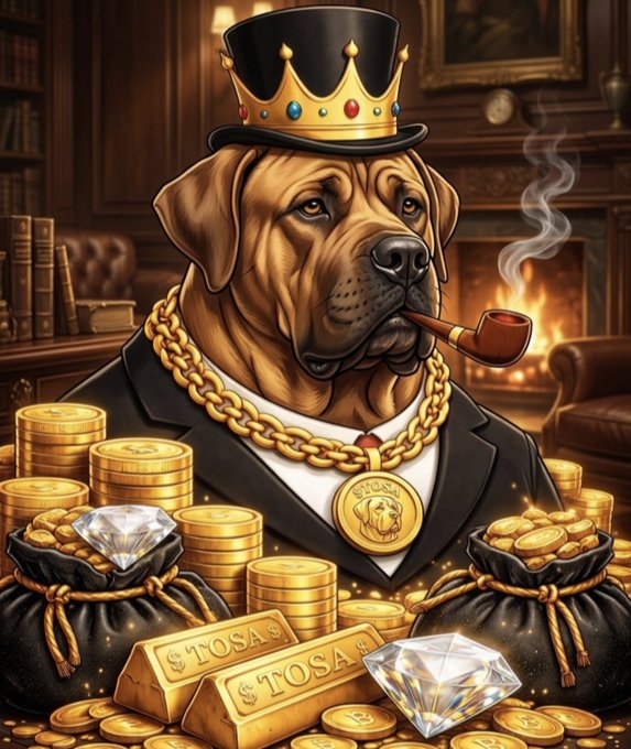 An illustrated brown dog wearing a gold crown, a chunky gold chain with a medallion, and a black suit smokes a pipe while sitting among stacks of gold coins, gold bars labeled '$TOSA', diamonds, and bags of treasure.