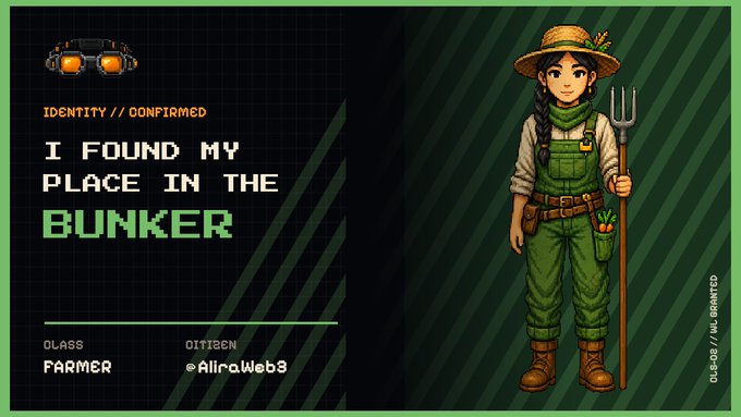 A pixel-art ID card reading 'I FOUND MY PLACE IN THE BUNKER' with the class 'FARMER' and citizen name 'AliraWeb3,' featuring a character in green overalls holding a pitchfork.